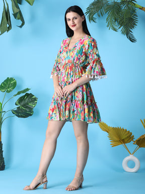 Krakshi- Multi Colour Pomp Pomp Short Dress for Women & Girls