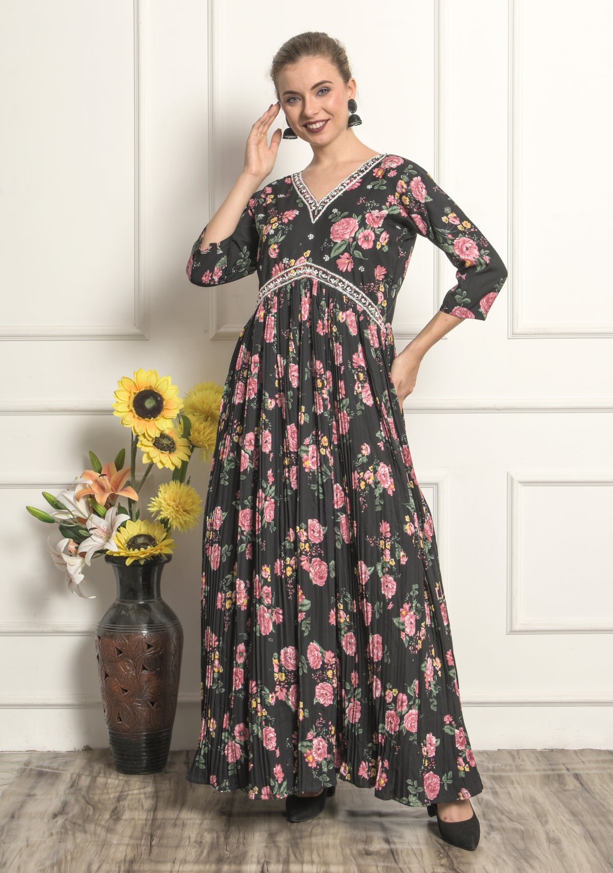 Krakshi- Black Georgette Floral Printed Gown for Women! ,Ladies, Girls- Party Wear