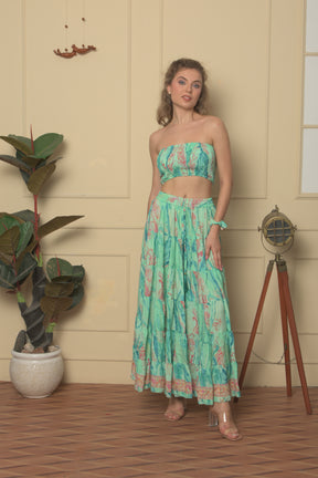 Krakshi-Bohemian Long Skirts Flowy High Waist A Line Maxi Skirts for Women Summer Pleated , Turquoise colour, Tube Top, Flary shrug for knot