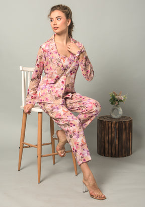 Krakshi-  Small Floral Linen Co-Ord Set for Women's | Full Sleeves Blazer & Elastic Waist Pant with Pockets | Relax Fit Western Fashionable Women Formal Summer Wear Cord