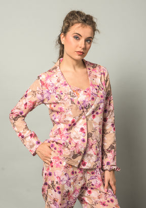 Krakshi-  Small Floral Linen Co-Ord Set for Women's | Full Sleeves Blazer & Elastic Waist Pant with Pockets | Relax Fit Western Fashionable Women Formal Summer Wear Cord