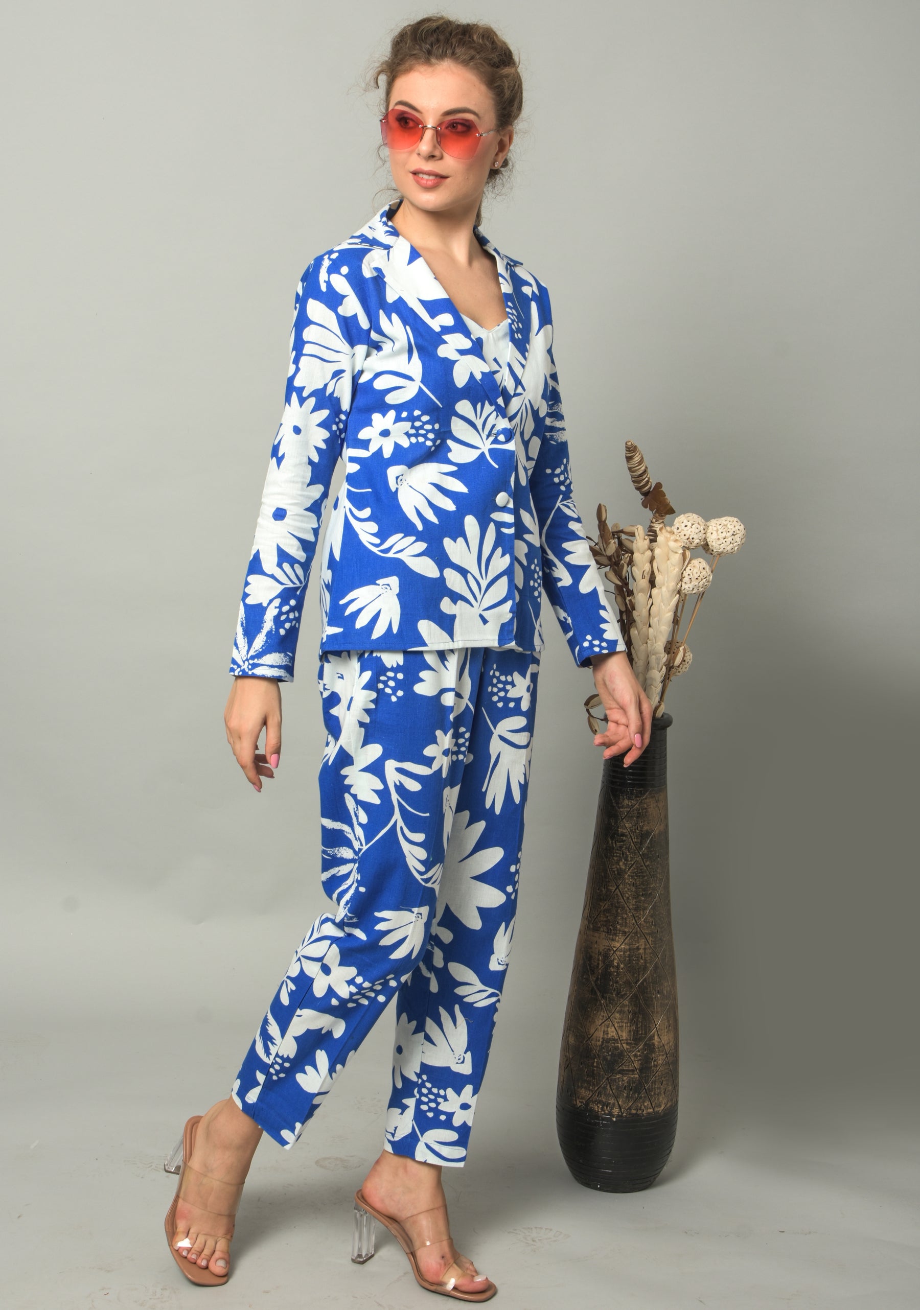 Krakshi- Blue Floral Linen Co-Ord Set for Women's | Full Sleeves Blazer & Elastic Waist Pant with Pockets | Relax Fit Western Fashionable Women Formal Summer Wear Cord