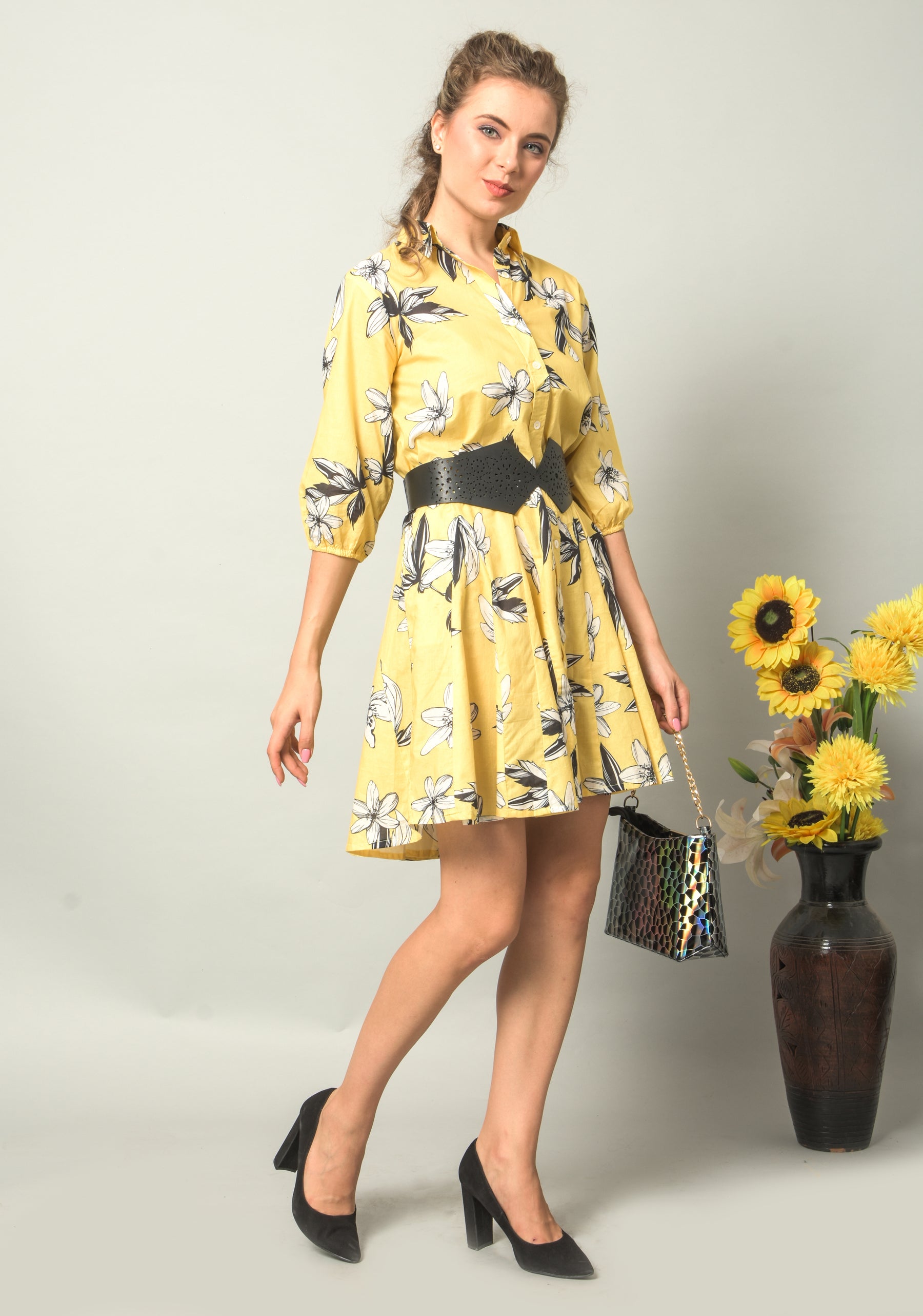 Krakshi- Sunflower Colour Floral Print For Women Short Frock| Dress |Girls| Hangout Dress