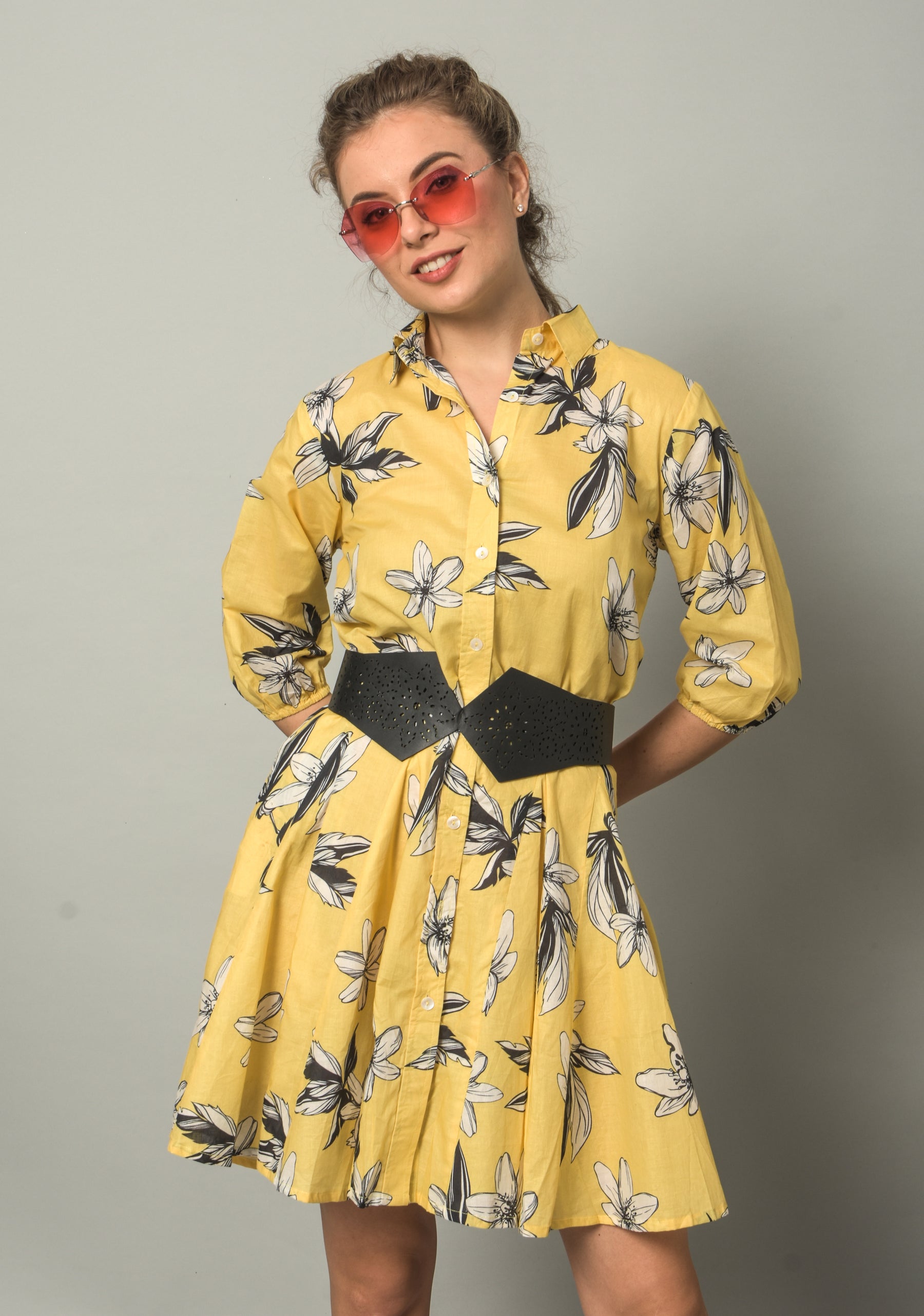 Krakshi- Sunflower Colour Floral Print For Women Short Frock| Dress |Girls| Hangout Dress