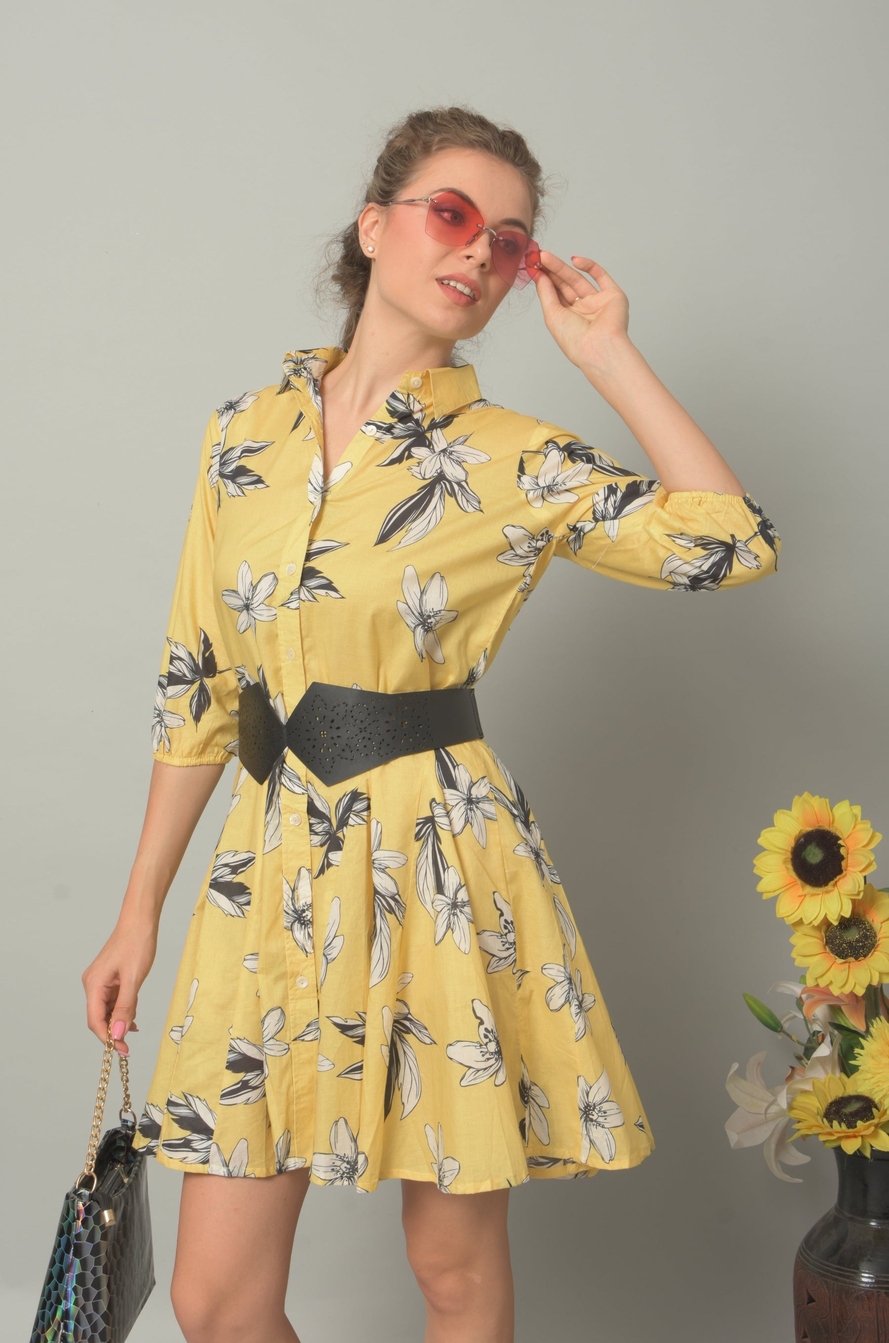 Krakshi- Sunflower Colour Floral Print For Women Short Frock| Dress |Girls| Hangout Dress