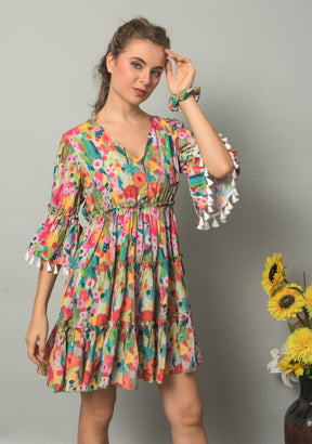 Krakshi- Multi Colour Pomp Pomp Short Dress for Women & Girls