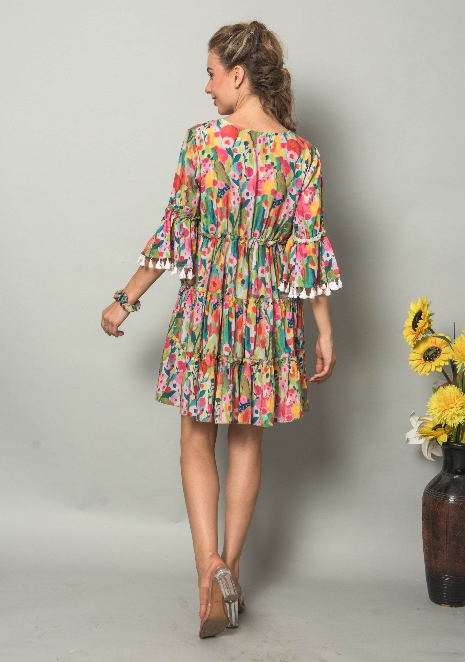 Krakshi- Multi Colour Pomp Pomp Short Dress for Women & Girls