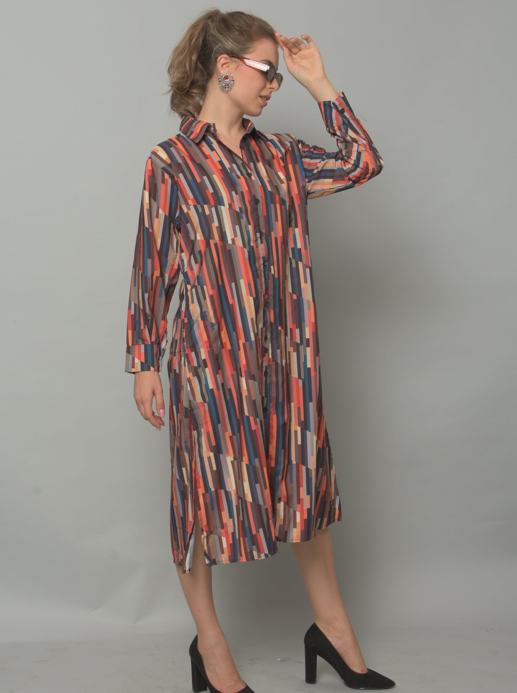 Krakshi-  Black Shirt  Dress for Women- Striped Print Viscose Rayon-Perfect for Party ,Holiday , Office