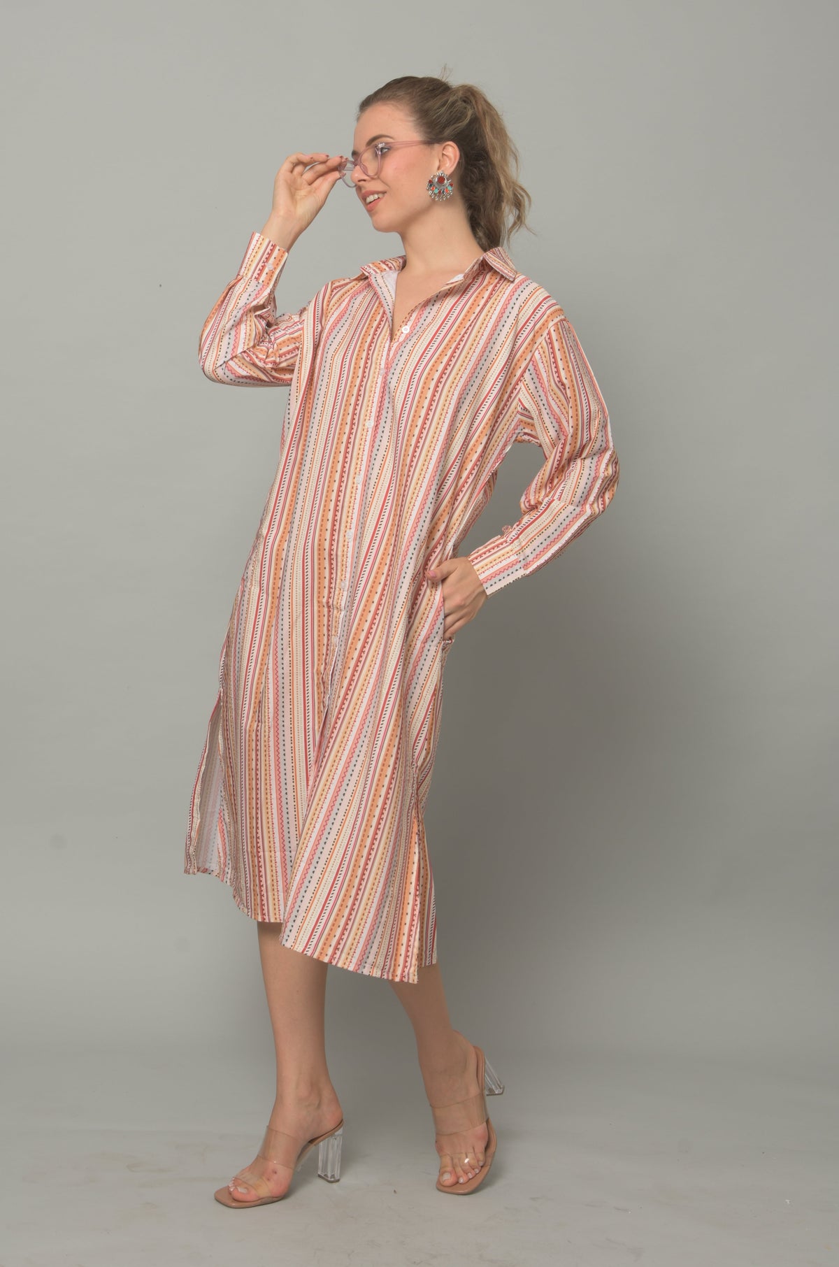 Krakshi- Shirt  Dress for Women- Striped Print Viscose Rayon-Perfect for Party ,Holiday , Office