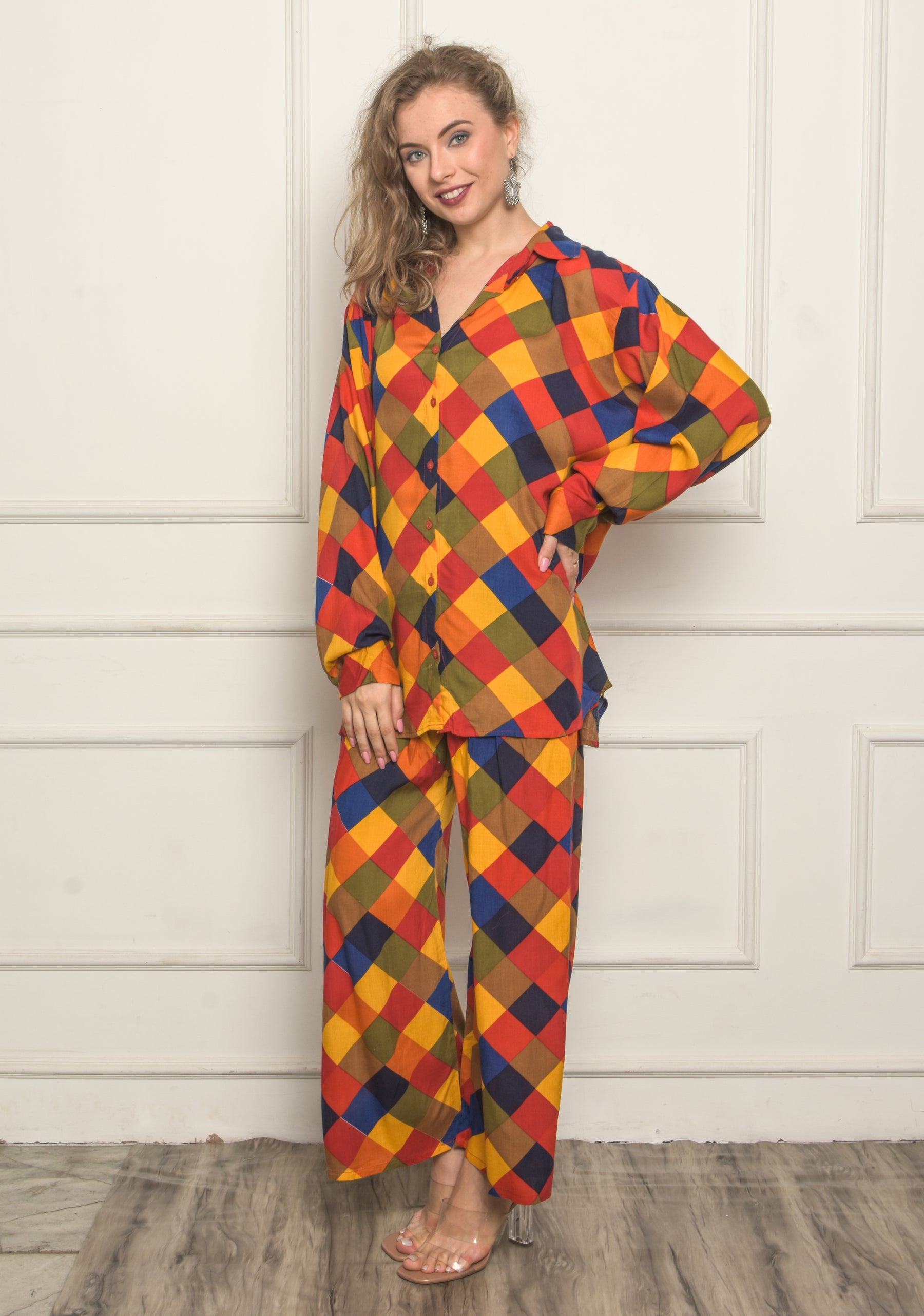 Krakshi-Shirt & Trouser set For Women _Multicolor Check Printed