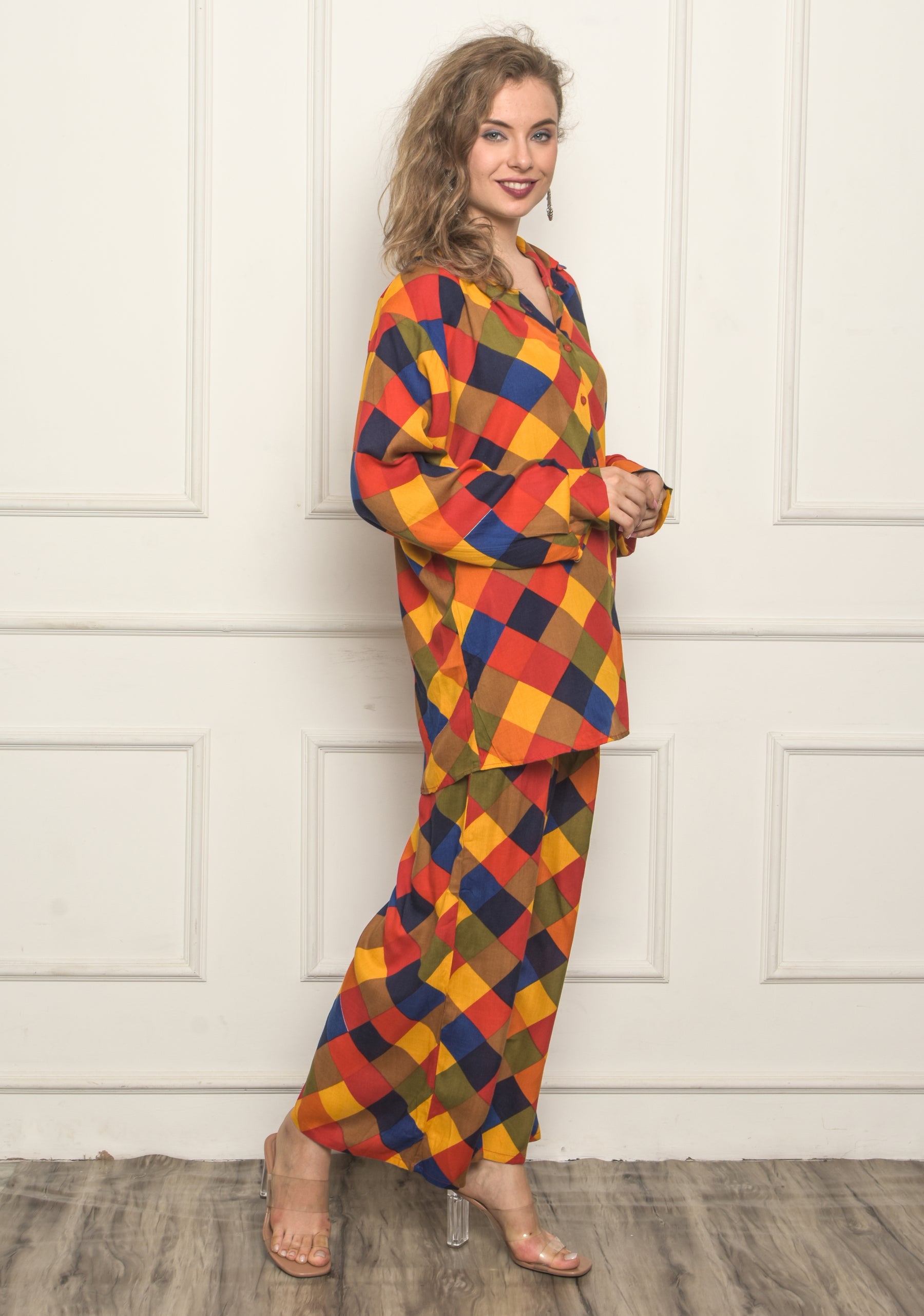 Krakshi-Shirt & Trouser set For Women _Multicolor Check Printed