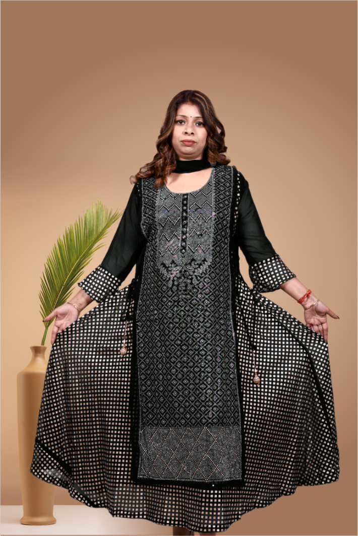 Krakshi-Elegant Double Layered Georgette One piece Dress with Lining and Heavy and fine Swarovski Work Along with Crisscross Doris and lattkans