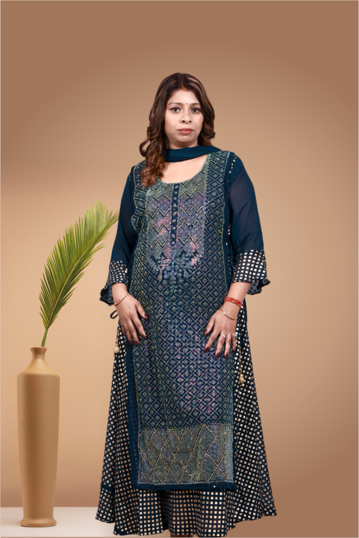 Krakshi-Elegant Double Layered Georgette One piece Dress with Lining and Heavy and fine Swarovski Work Along with Crisscross Doris and lattkans