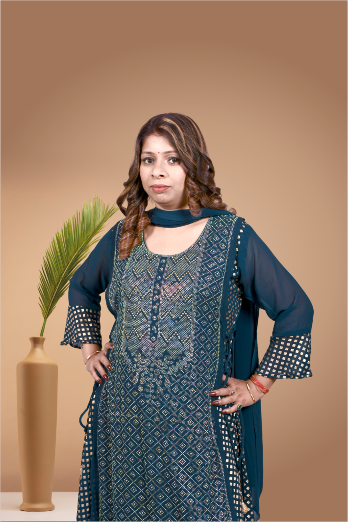 Krakshi-Elegant Double Layered Georgette One piece Dress with Lining and Heavy and fine Swarovski Work Along with Crisscross Doris and lattkans