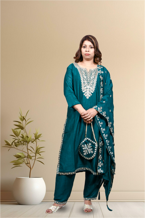 Krakshi-Kurta Set For Women -Peacock Green colour Zari Sequence Embroidered Kurta Pant with Dupatta