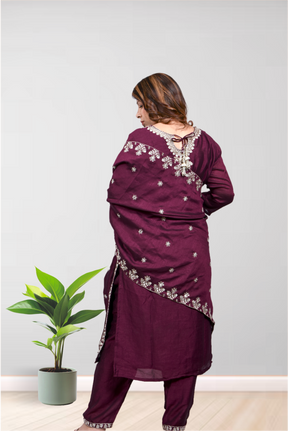 Krakshi-Kurta Set For Women - Wine  colour Zari Sequence Embroidered Kurta Pant with Dupatta