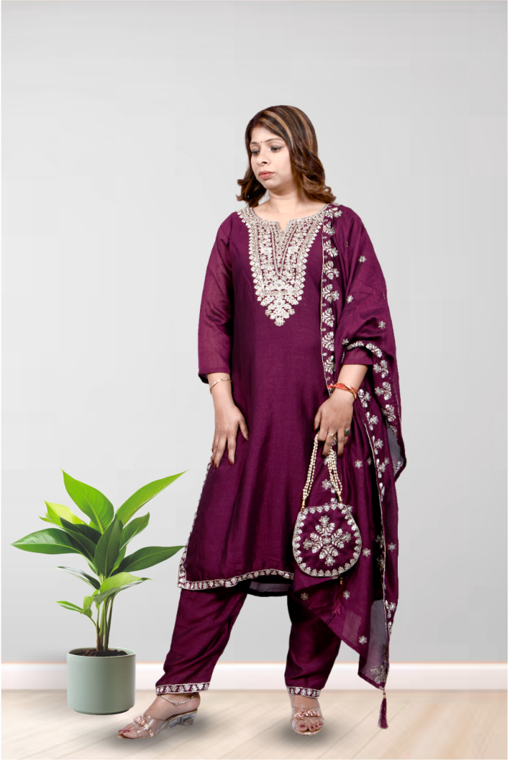 Krakshi-Kurta Set For Women - Wine  colour Zari Sequence Embroidered Kurta Pant with Dupatta