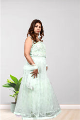 Krakshi- Stunning Crop top set with Beautiful Cane cane Inserted net Fabric skirt with dupatta for girls.