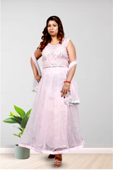 Krakshi- Stunning Crop top set with Beautiful Cane cane Inserted net Fabric skirt with dupatta for girls.