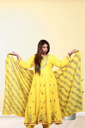 Krakshi- Elegant Yellow Anarkali cotton suit for Women|| Girls|| Ladies