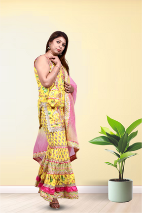 Krakshi -Yellow Cotton Sharara Set with Potli  for women|Girls