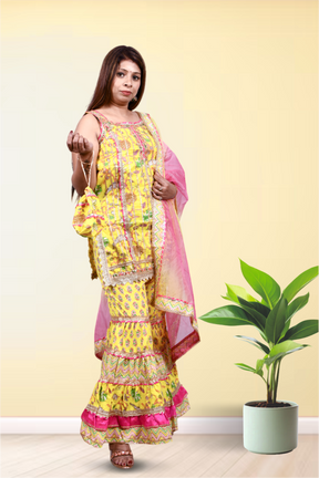 Krakshi -Yellow Cotton Sharara Set with Potli  for women|Girls