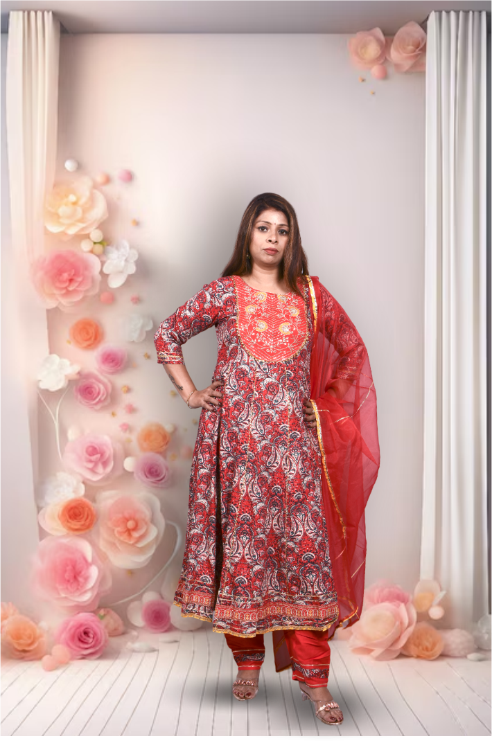 Krakshi- Elegant Red Anarkali cotton suit for Women|| Girls|| Ladies