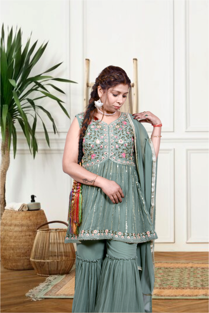 Krakshi-Elegant Pastelpista green Colour Sharara/Garara Set  suit for Women|Girls|Ladies| Festival|Party