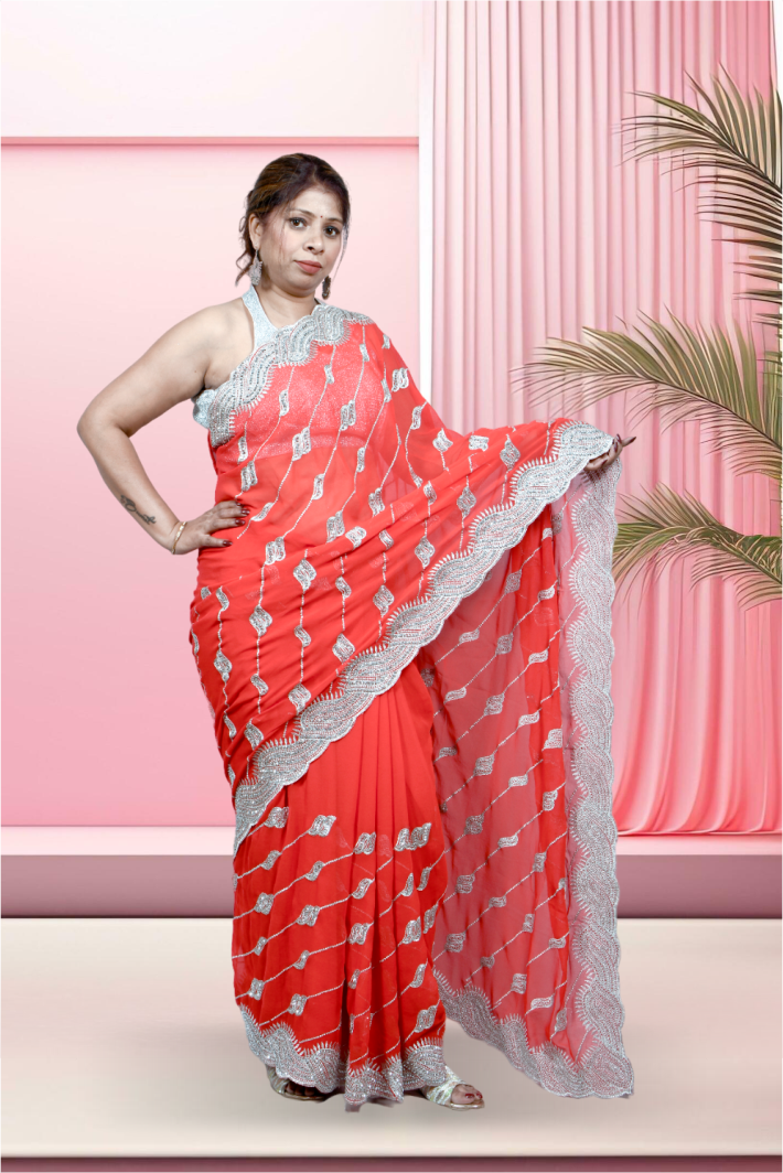 Krakshi- Red Chiffon saree with silver Zari Work for women