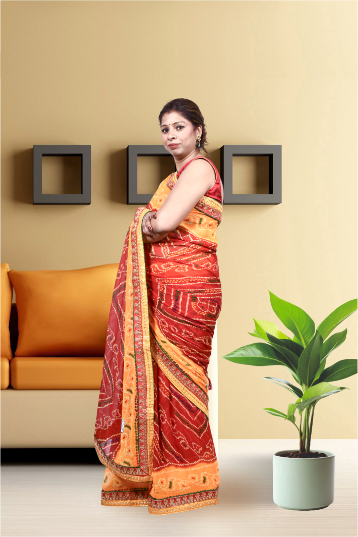 Krakshi- Red and Yellow jaipuri Saree for Women