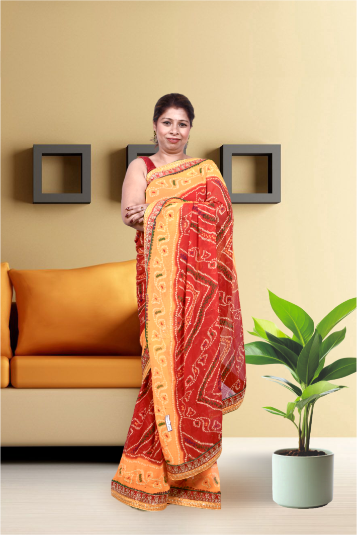 Krakshi- Red and Yellow jaipuri Saree for Women