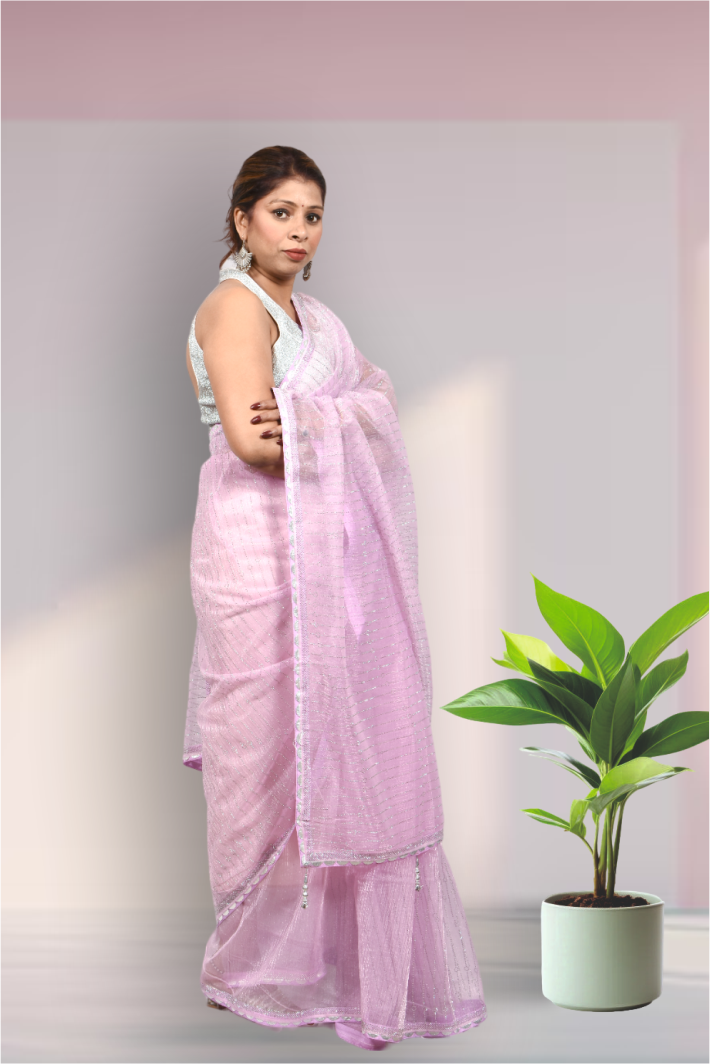 Krakshi- Stunning Stylish Lavender colour Organza saree for Women of Today