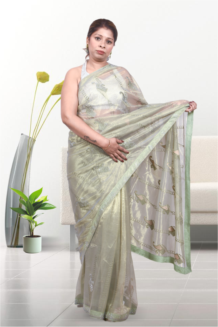 Krakshi- Pista green Sarees full of siroski work for women