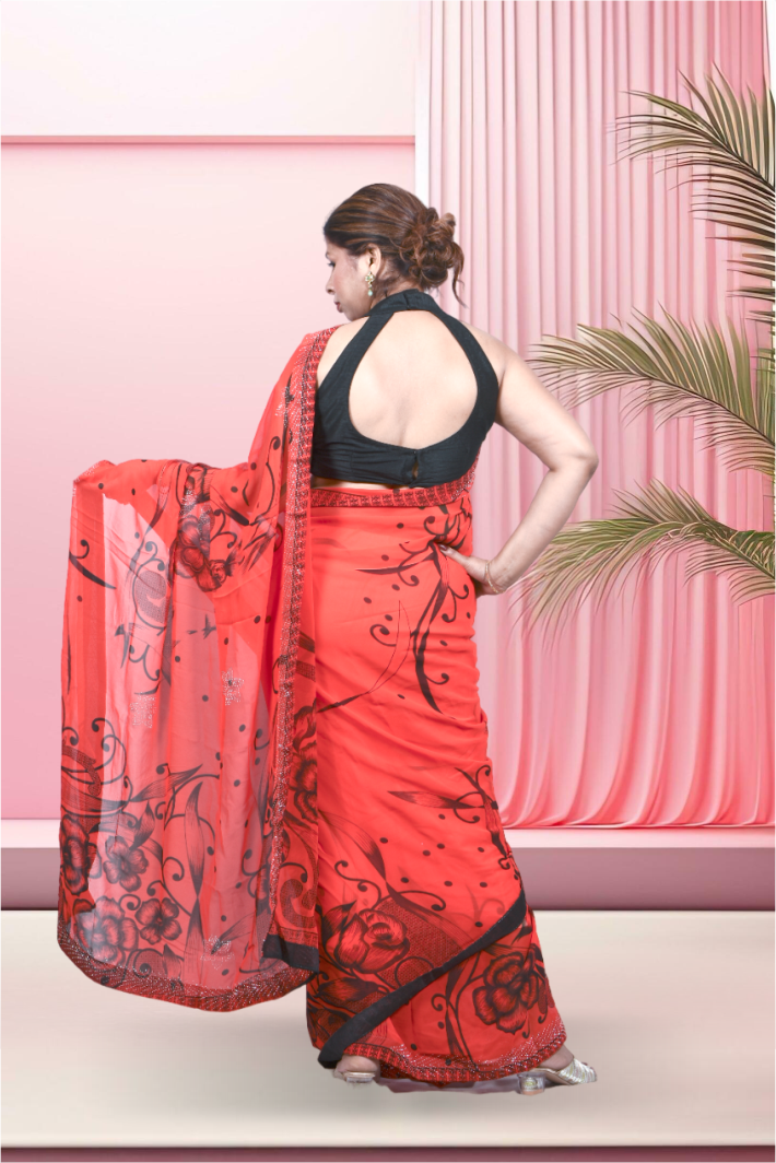 Krakshi - Hot Red With Black Floral Print Saree