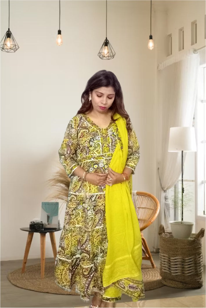 Krakshi- Mehndi yellow Anarkali cotton suit for Women|| Girls|| Ladies