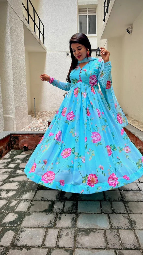 Krakshi- Sky Blue Anarkali Kurti Dupatta ser specially designed for Women| Girls|Party Wear