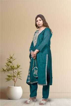 Krakshi-Kurta Set For Women -Peacock Green colour Zari Sequence Embroidered Kurta Pant with Dupatta