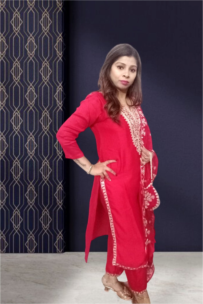 Krakshi-Kurta Set For Women -Red Green colour Zari Sequence Embroidered Kurta Pant with Dupatta