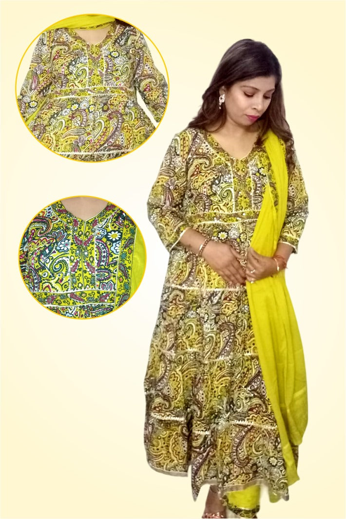 Krakshi- Mehndi yellow Anarkali cotton suit for Women|| Girls|| Ladies